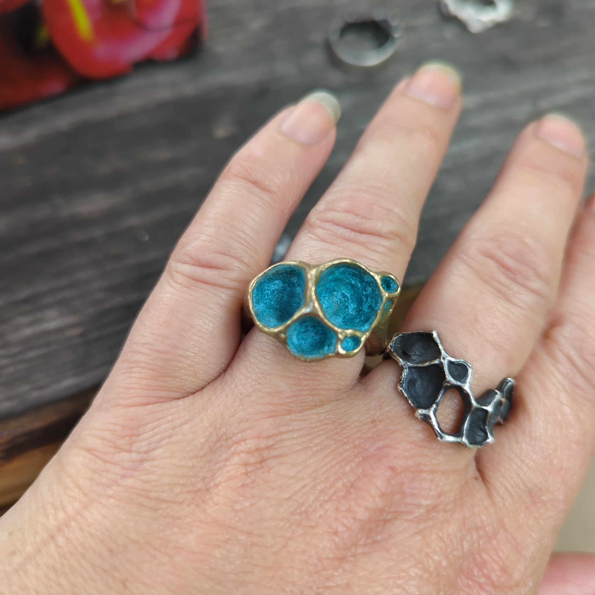 'Artefact' Statement ring Bronze with Turquoise patina.-Beca Beeby