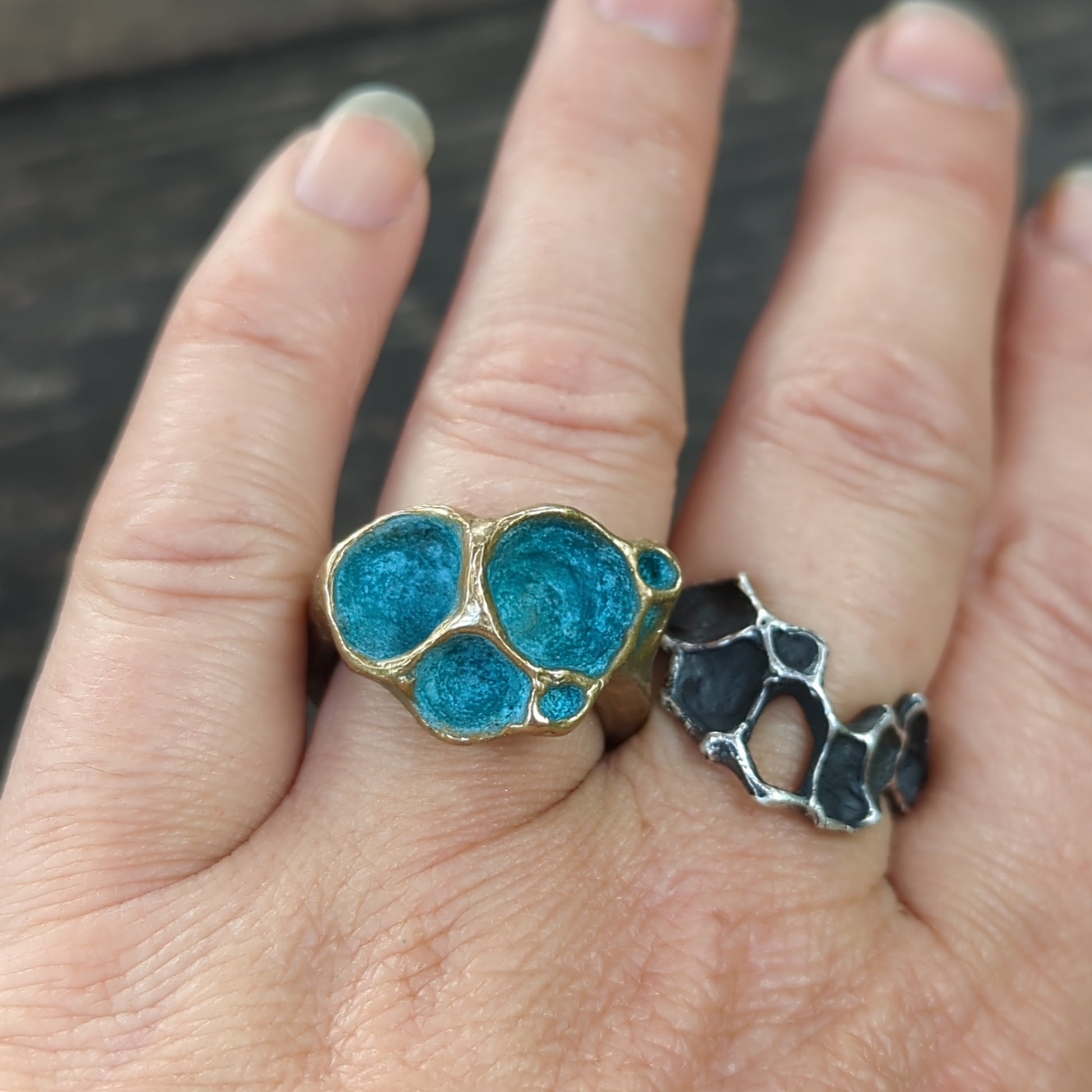'Artefact' Statement ring Bronze with Turquoise patina.-Beca Beeby
