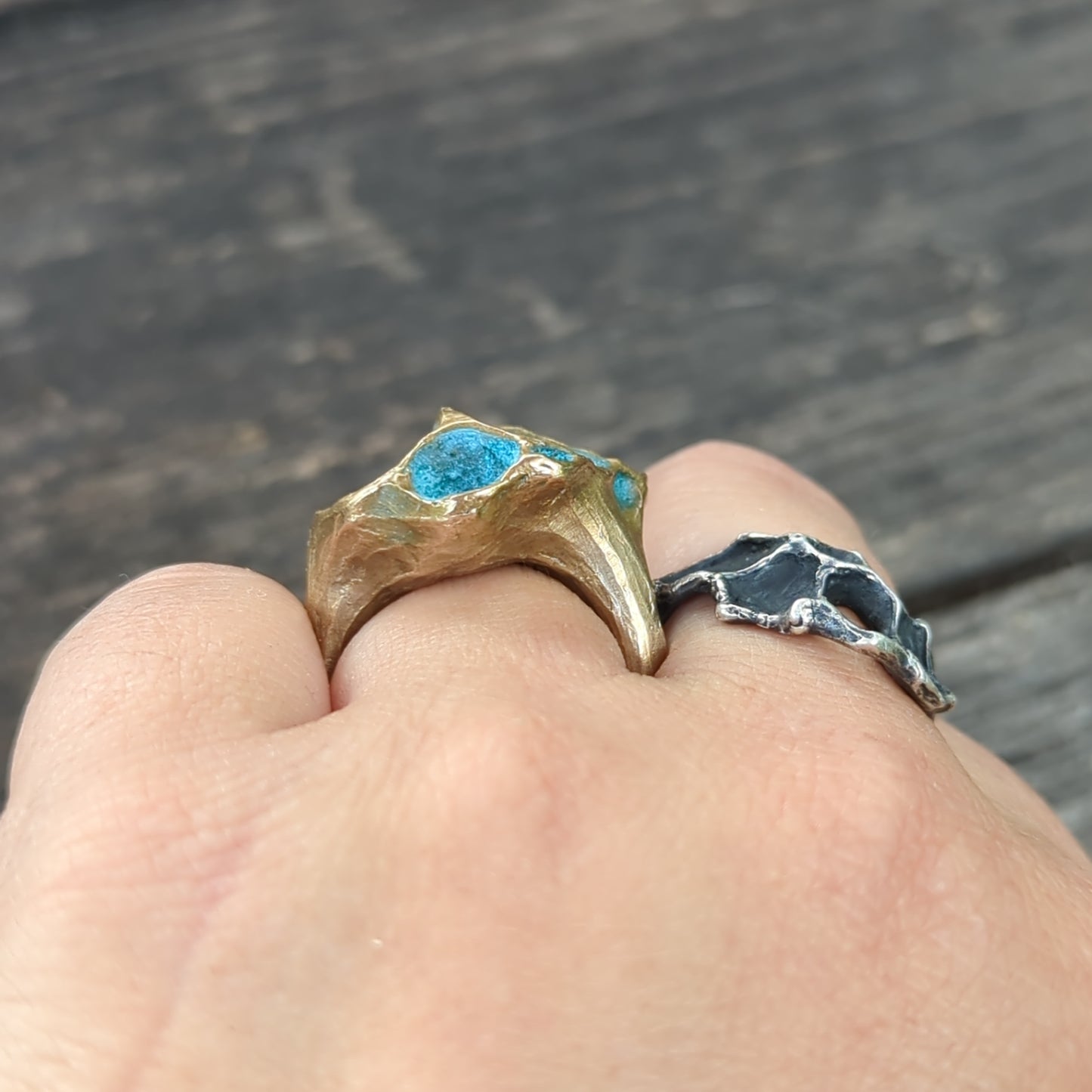 'Artefact' Statement ring Bronze with Turquoise patina.-Beca Beeby
