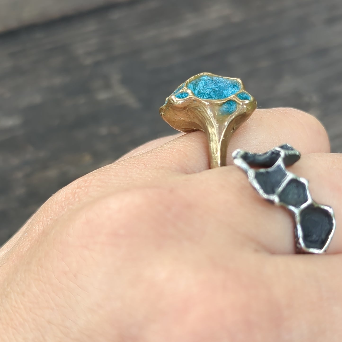 'Artefact' Statement ring Bronze with Turquoise patina.-Beca Beeby