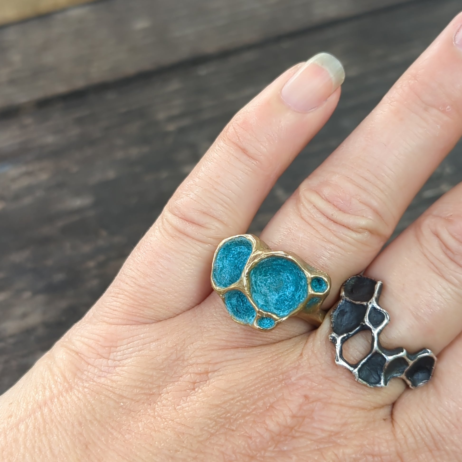 'Artefact' Statement ring Bronze with Turquoise patina.-Beca Beeby