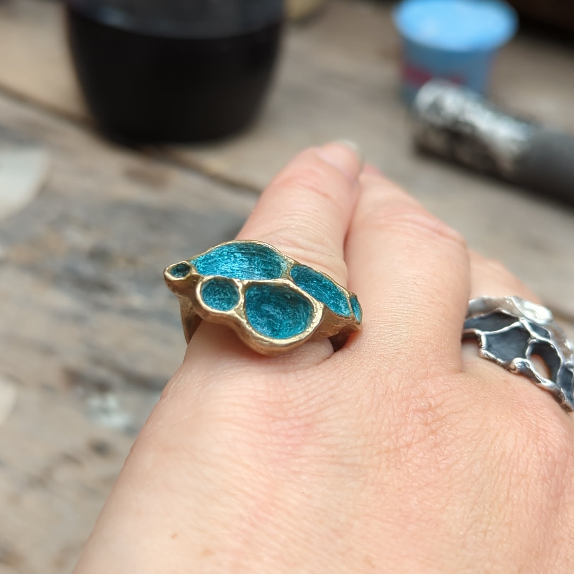 'Artefact' Statement ring Bronze with Turquoise patina.-Beca Beeby