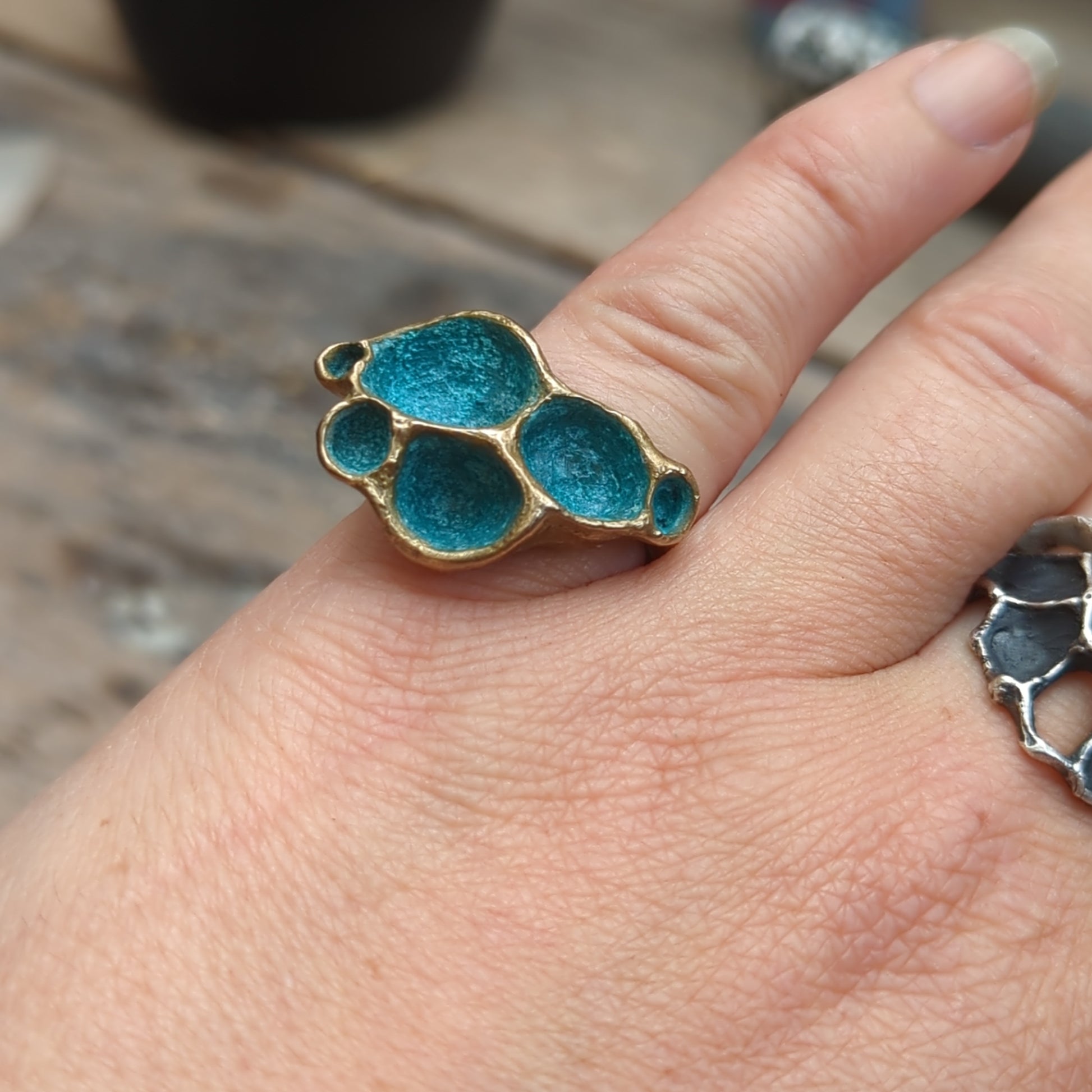 'Artefact' Statement ring Bronze with Turquoise patina.-Beca Beeby