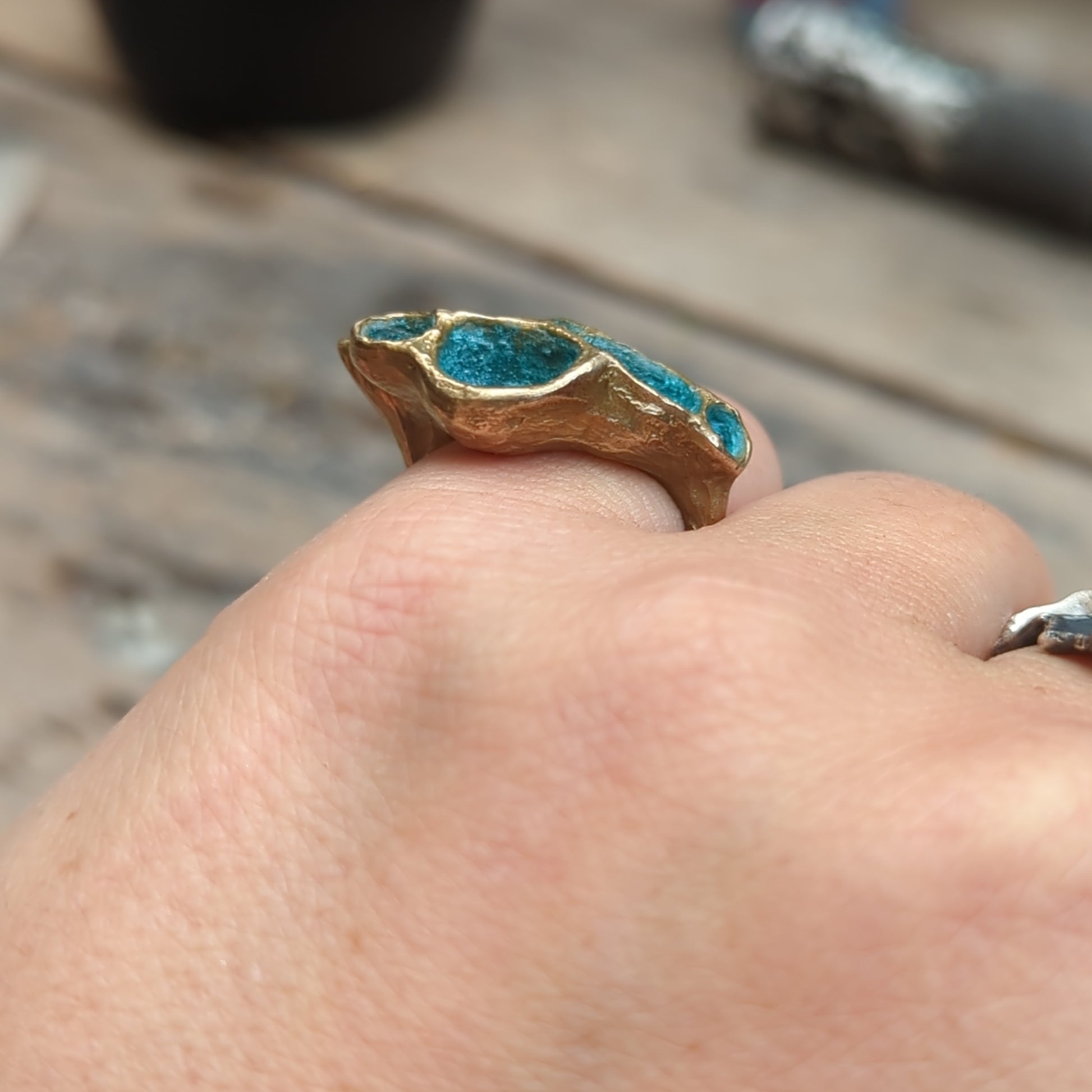 'Artefact' Statement ring Bronze with Turquoise patina.-Beca Beeby