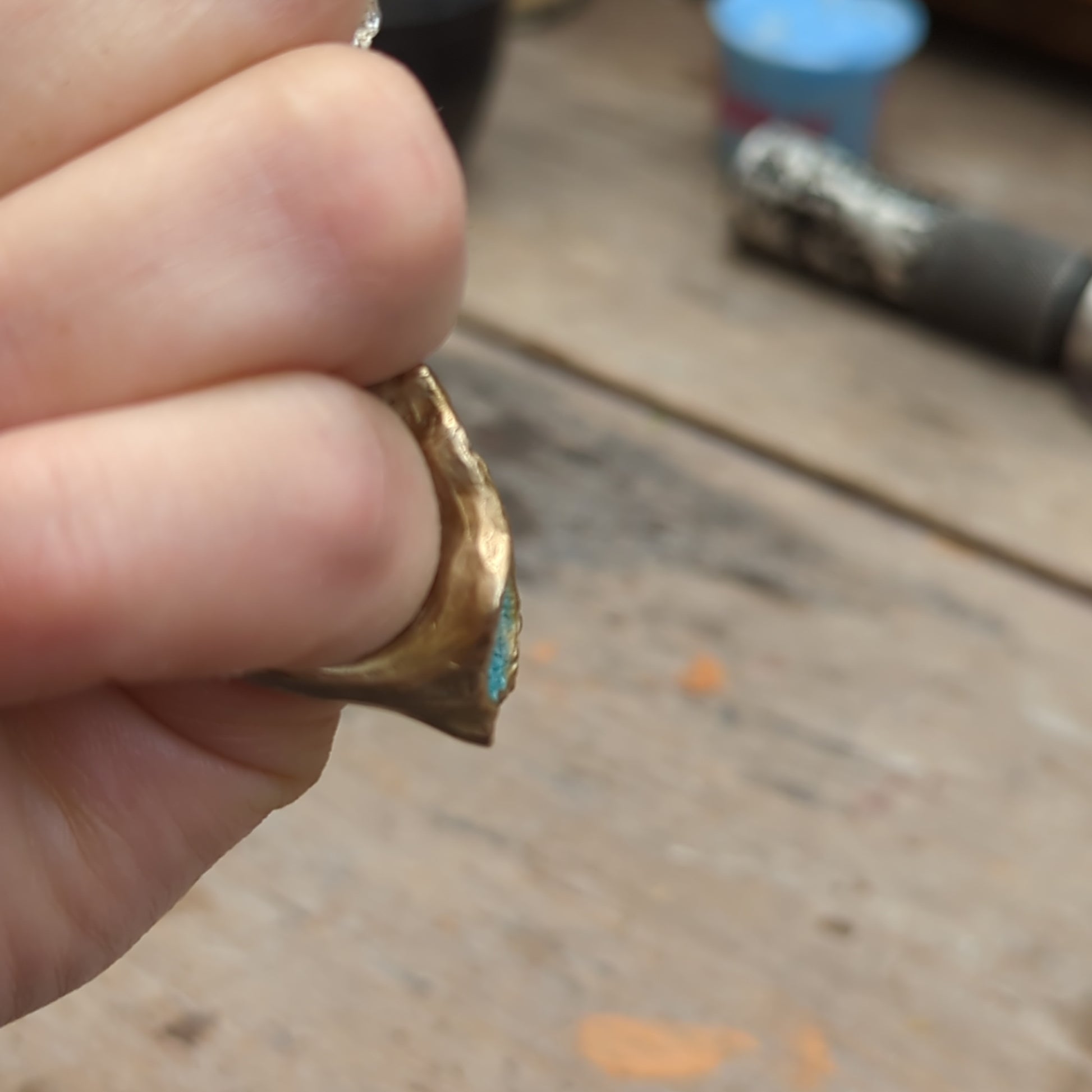 'Artefact' Statement ring Bronze with Turquoise patina.-Beca Beeby