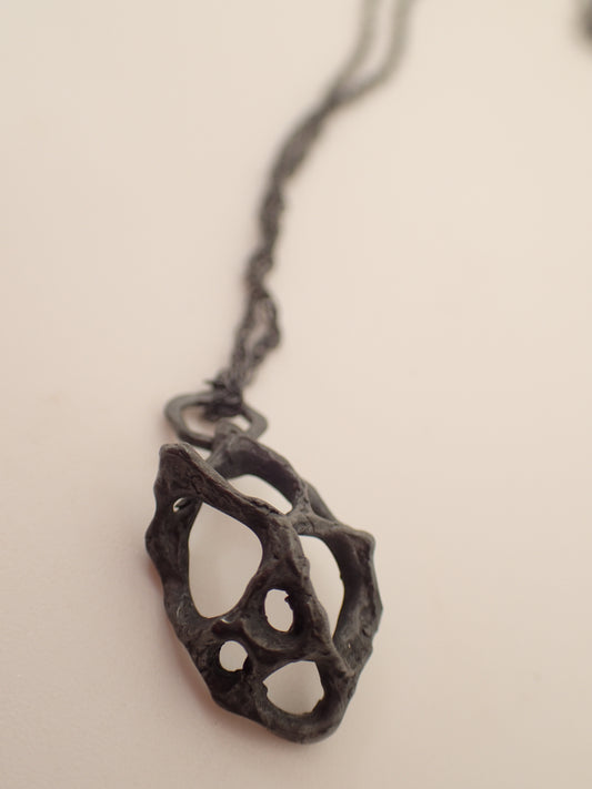 Carved honeycomb cage pendant. Oxidised silver necklace.-Jewellery-Beca Beeby