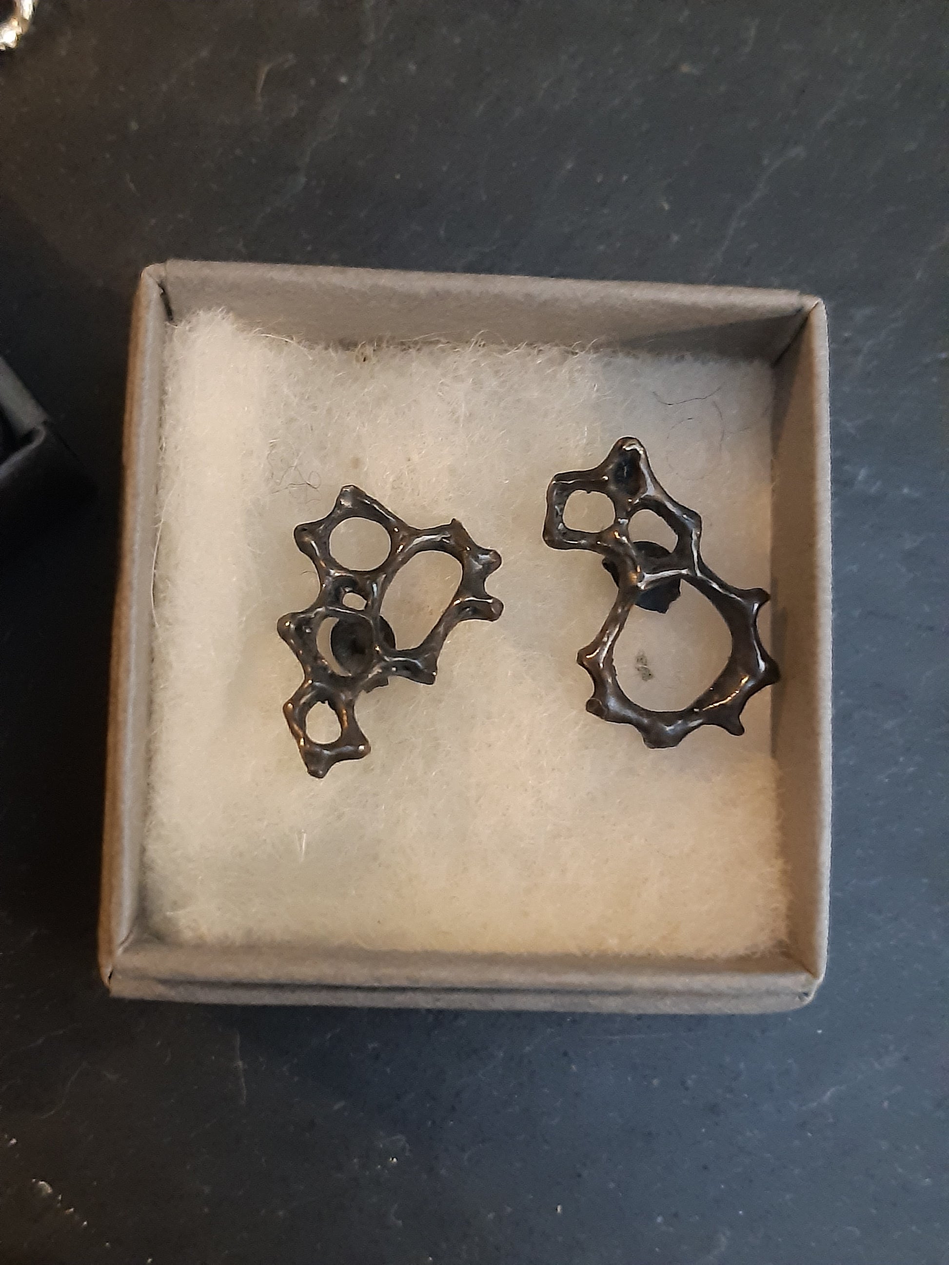 Honeycomb 'Cells' abstract stud earrings. Handmade in oxidised silver.-Jewellery-Beca Beeby