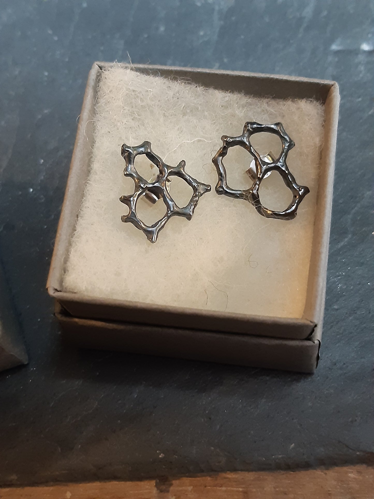 Honeycomb 'Cells' abstract stud earrings. Handmade in oxidised silver.-Jewellery-Beca Beeby
