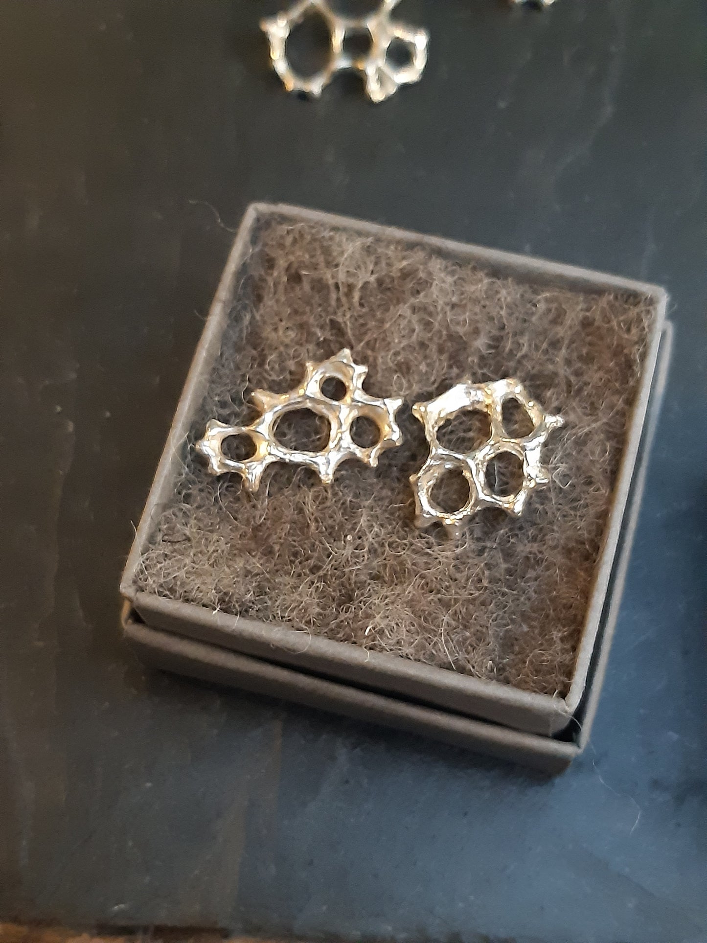 Honeycomb 'Cells' abstract stud earrings. Handmade in oxidised silver.-Jewellery-Beca Beeby