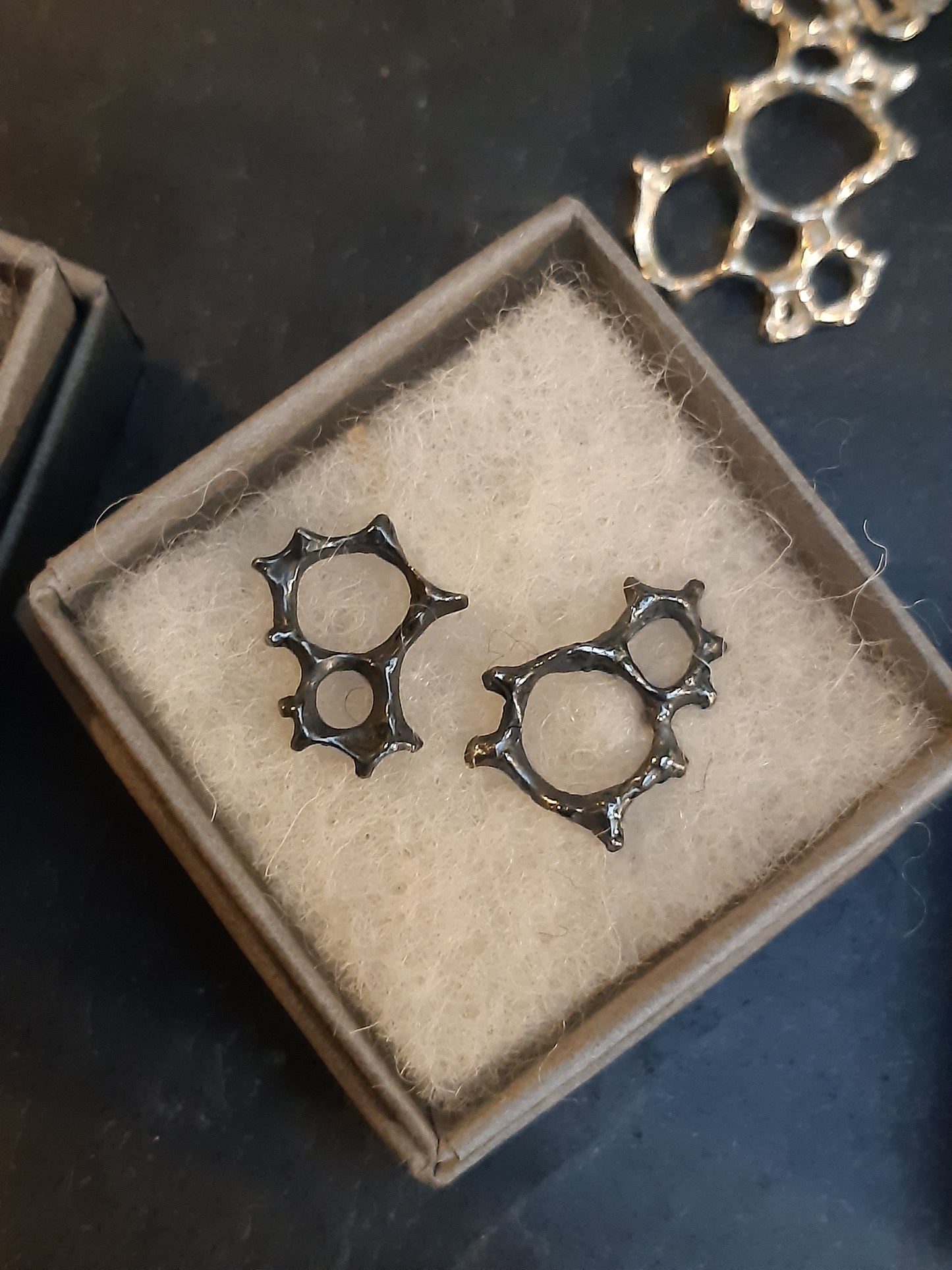 Honeycomb 'Cells' abstract stud earrings. Handmade in oxidised silver.-Jewellery-Beca Beeby