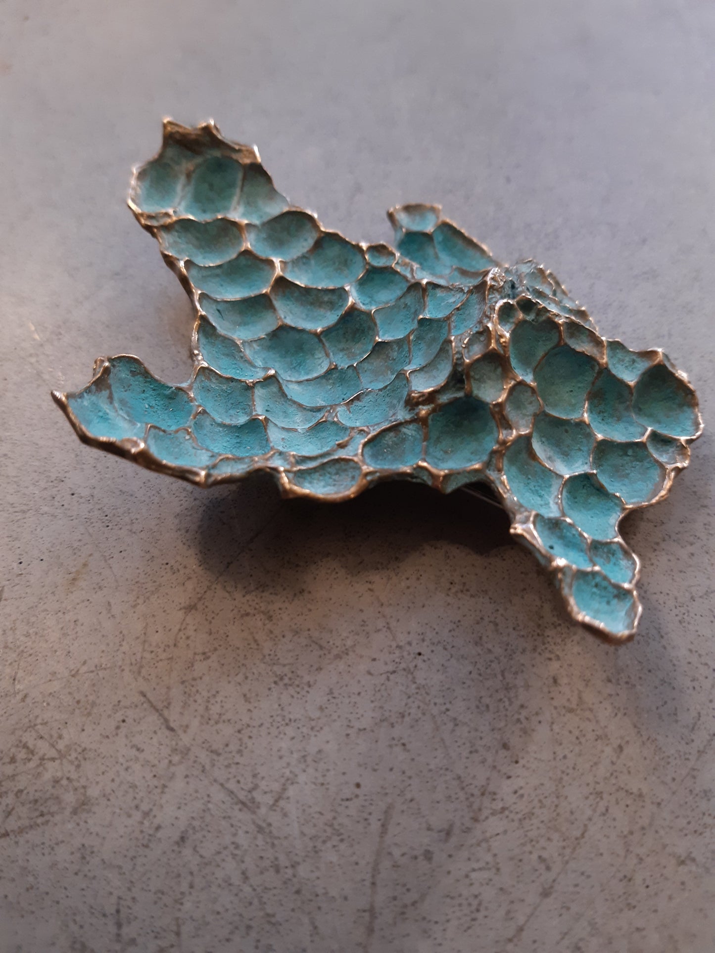 Pomegranate brooch with turquiose patina.-Beca Beeby