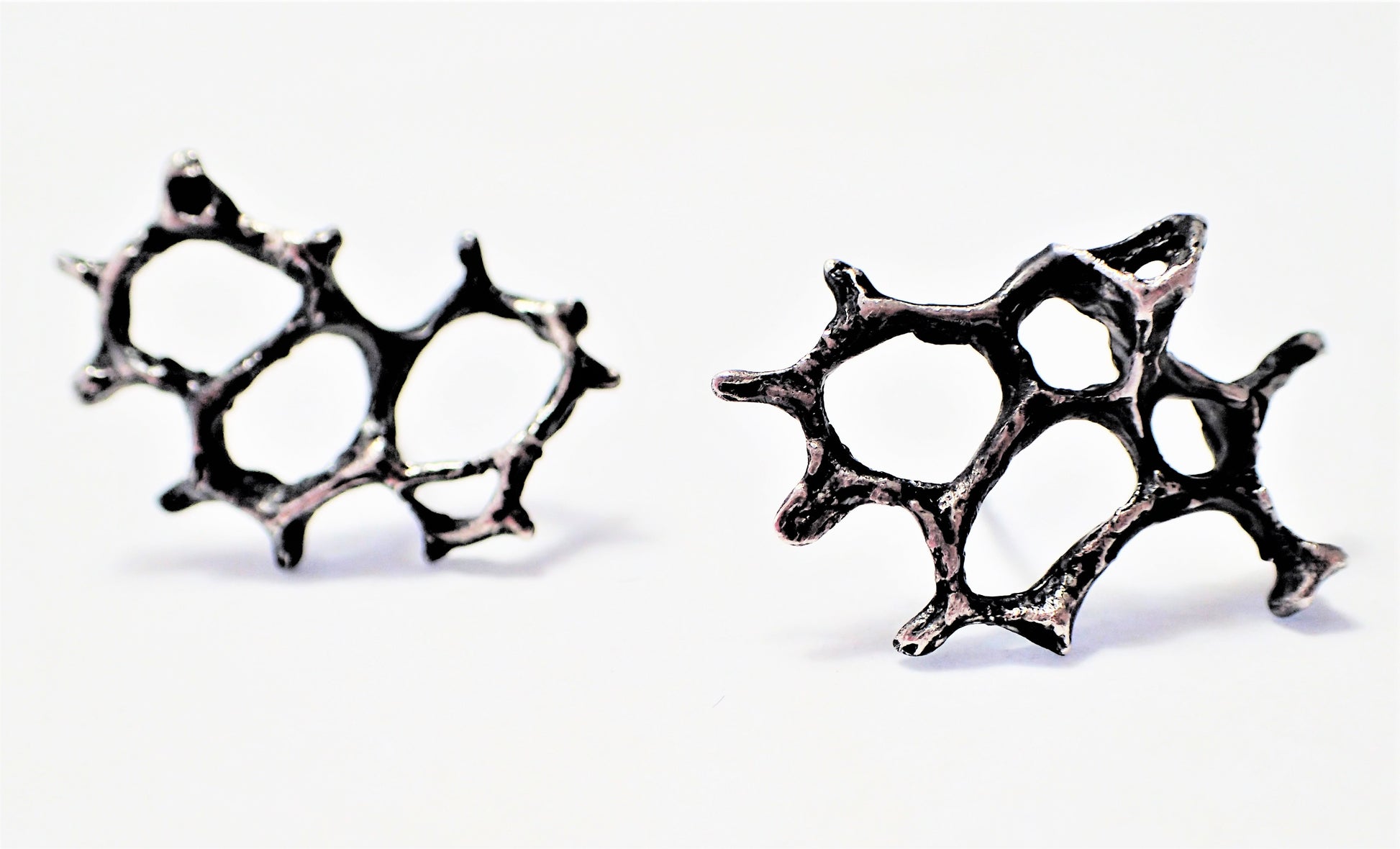 Honeycomb 'Cells' abstract stud earrings. Handmade in oxidised silver.-Jewellery-Beca Beeby