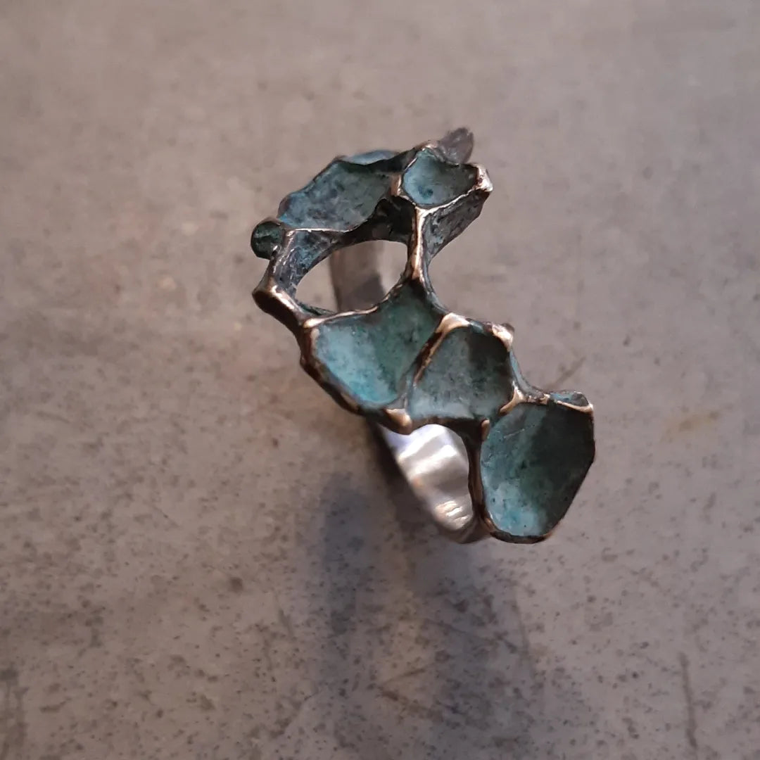 Pomegranate ring with turquiose or black patina.-Beca Beeby