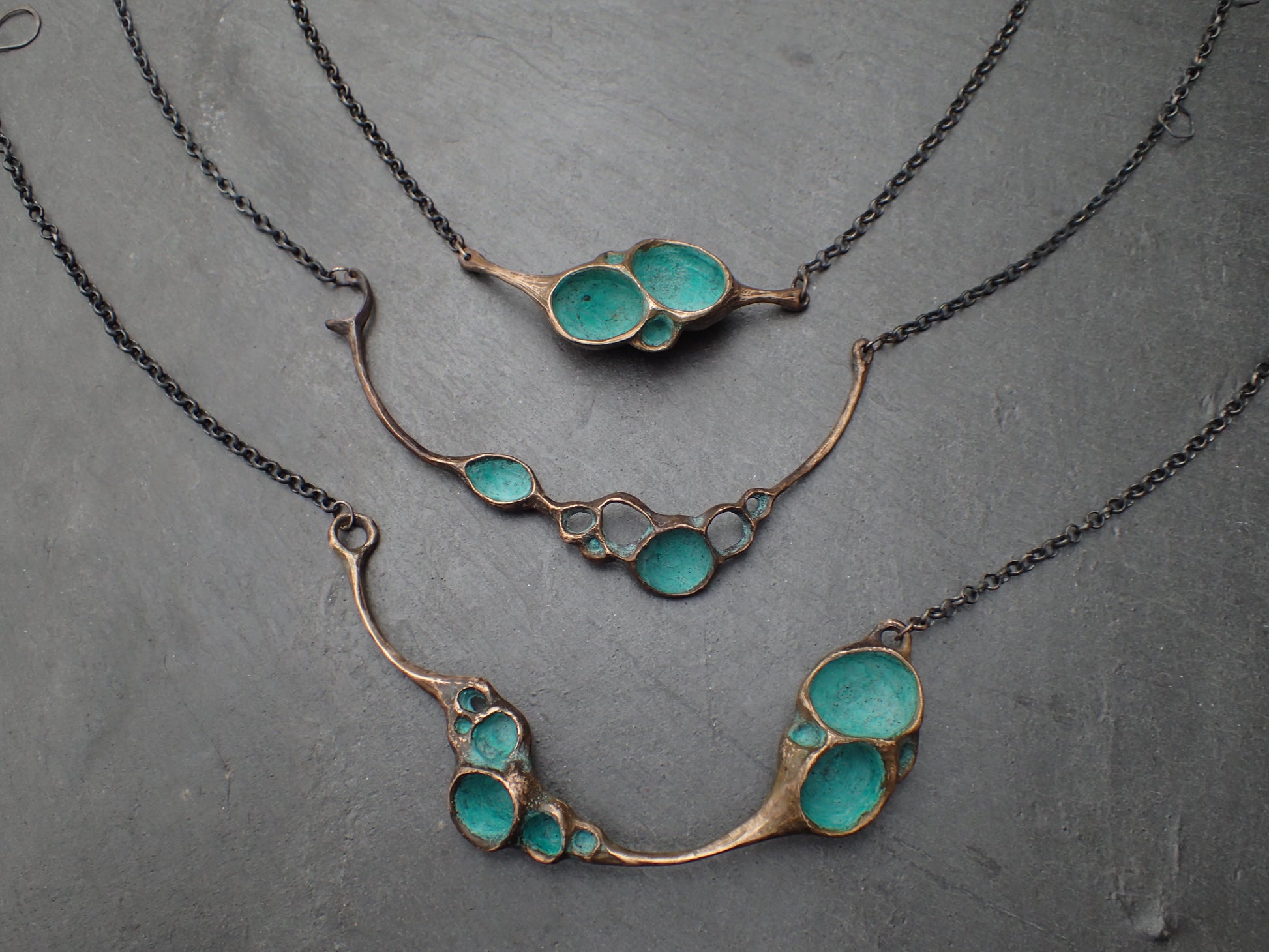 'Artefact' Necklace (single form), Bronze with Turquiose patina, on 4mm silver chain.-Beca Beeby