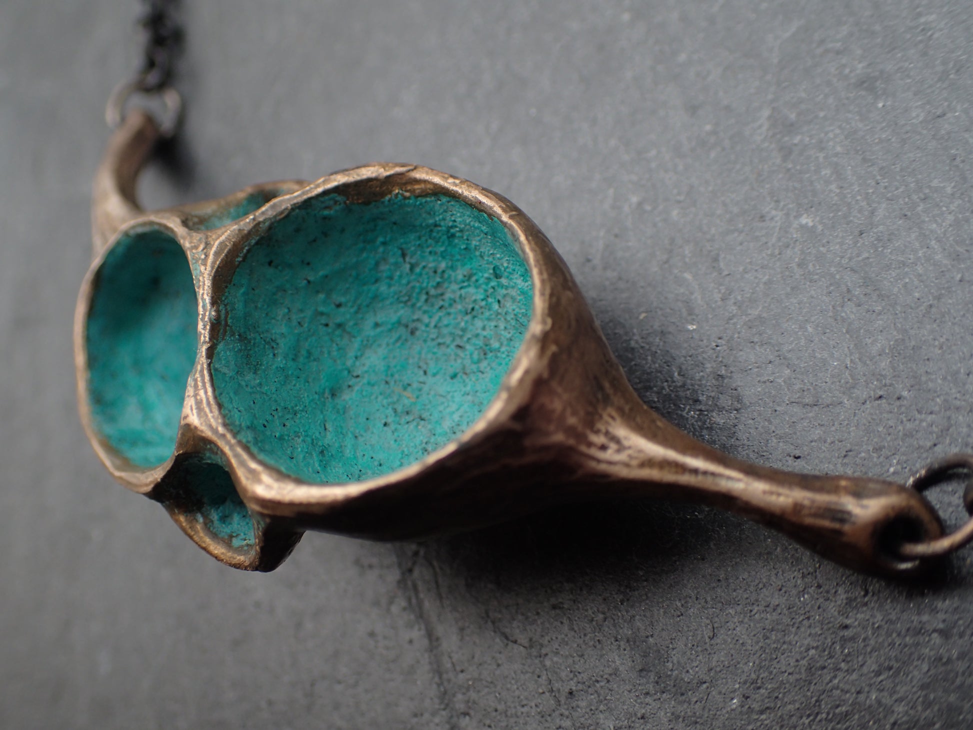 'Artefact' Necklace (single form), Bronze with Turquiose patina, on 4mm silver chain.-Beca Beeby