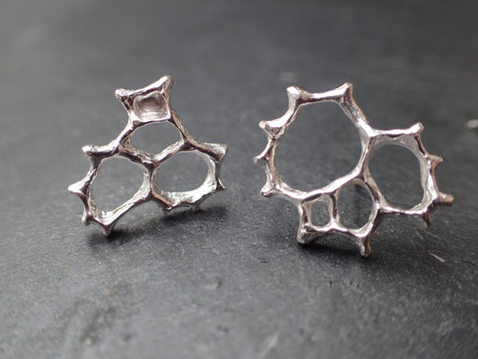 Honeycomb 'Cells' abstract stud earrings. Handmade in oxidised silver.-Jewellery-Beca Beeby