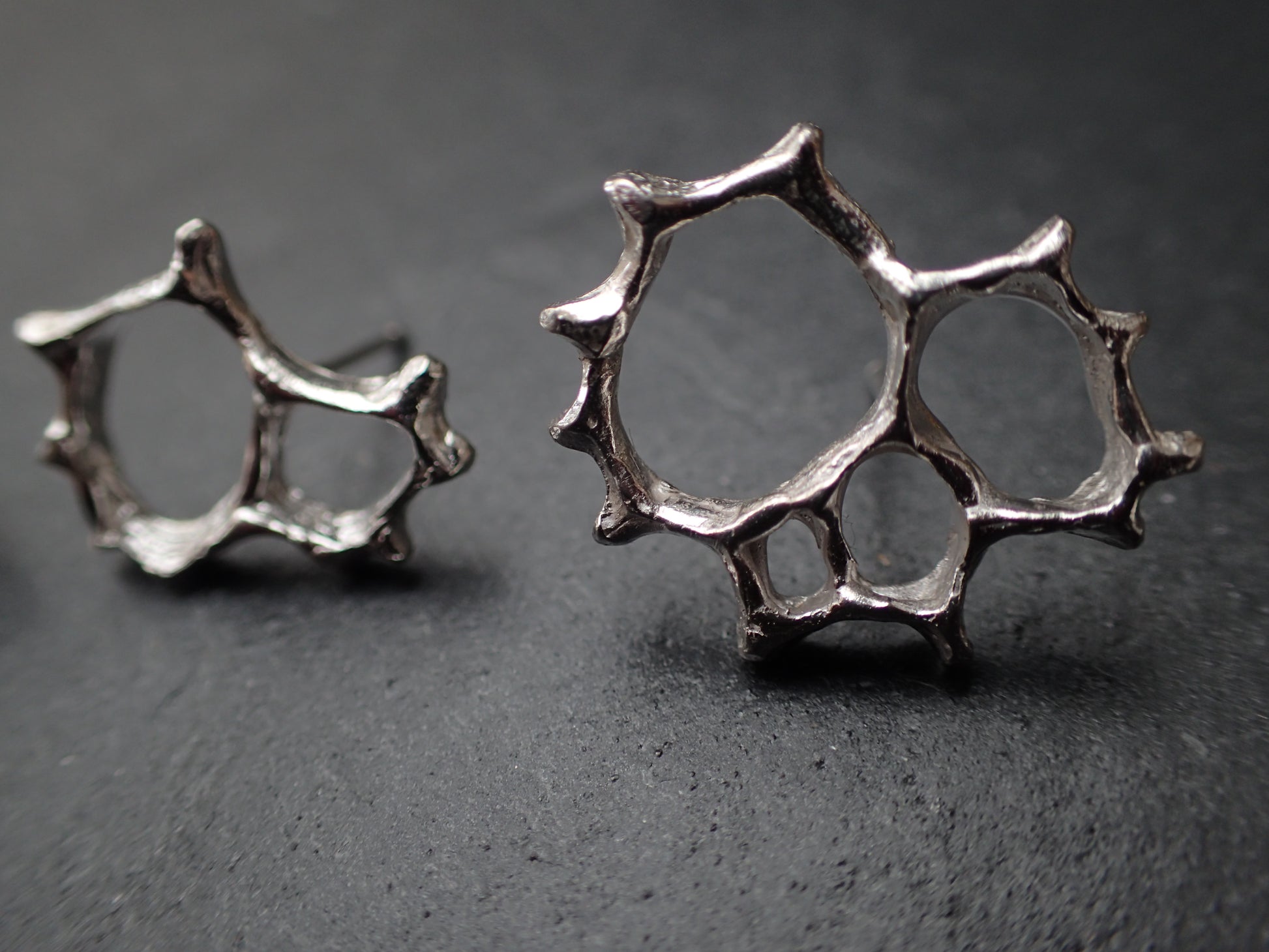 Honeycomb 'Cells' abstract stud earrings. Handmade in oxidised silver.-Jewellery-Beca Beeby
