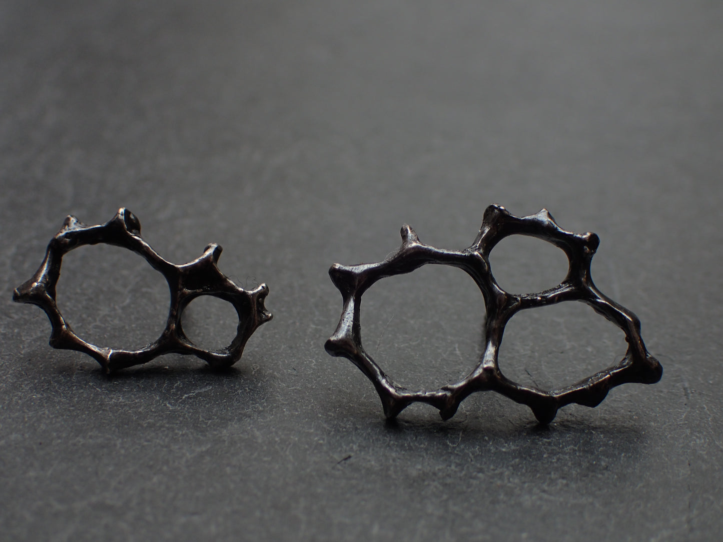 Honeycomb 'Cells' abstract stud earrings. Handmade in oxidised silver.-Jewellery-Beca Beeby