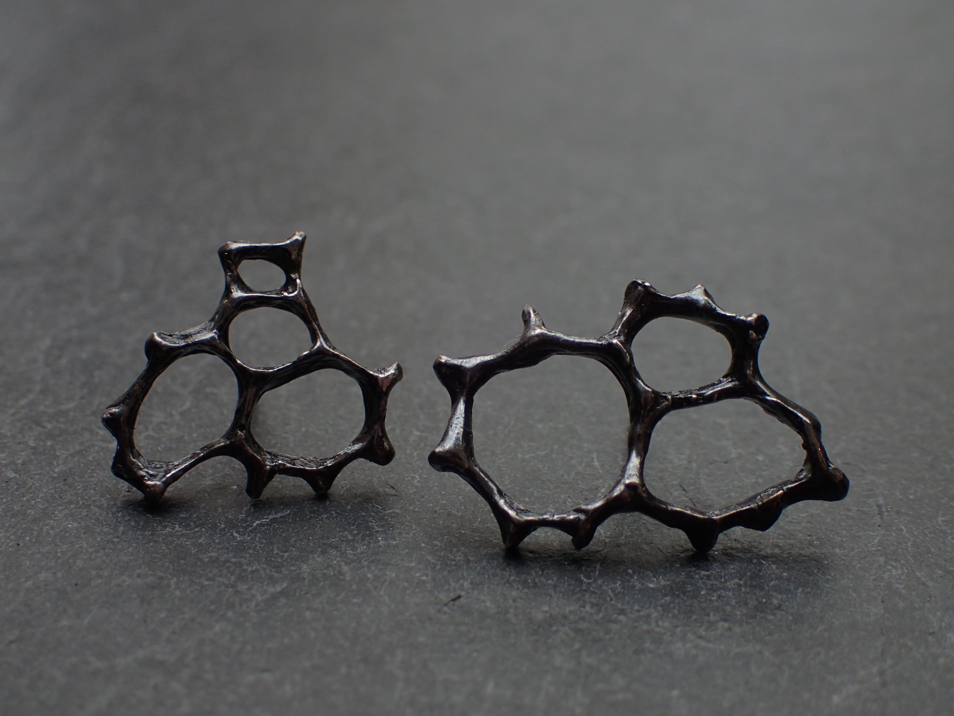 Honeycomb 'Cells' abstract stud earrings. Handmade in oxidised silver.-Jewellery-Beca Beeby