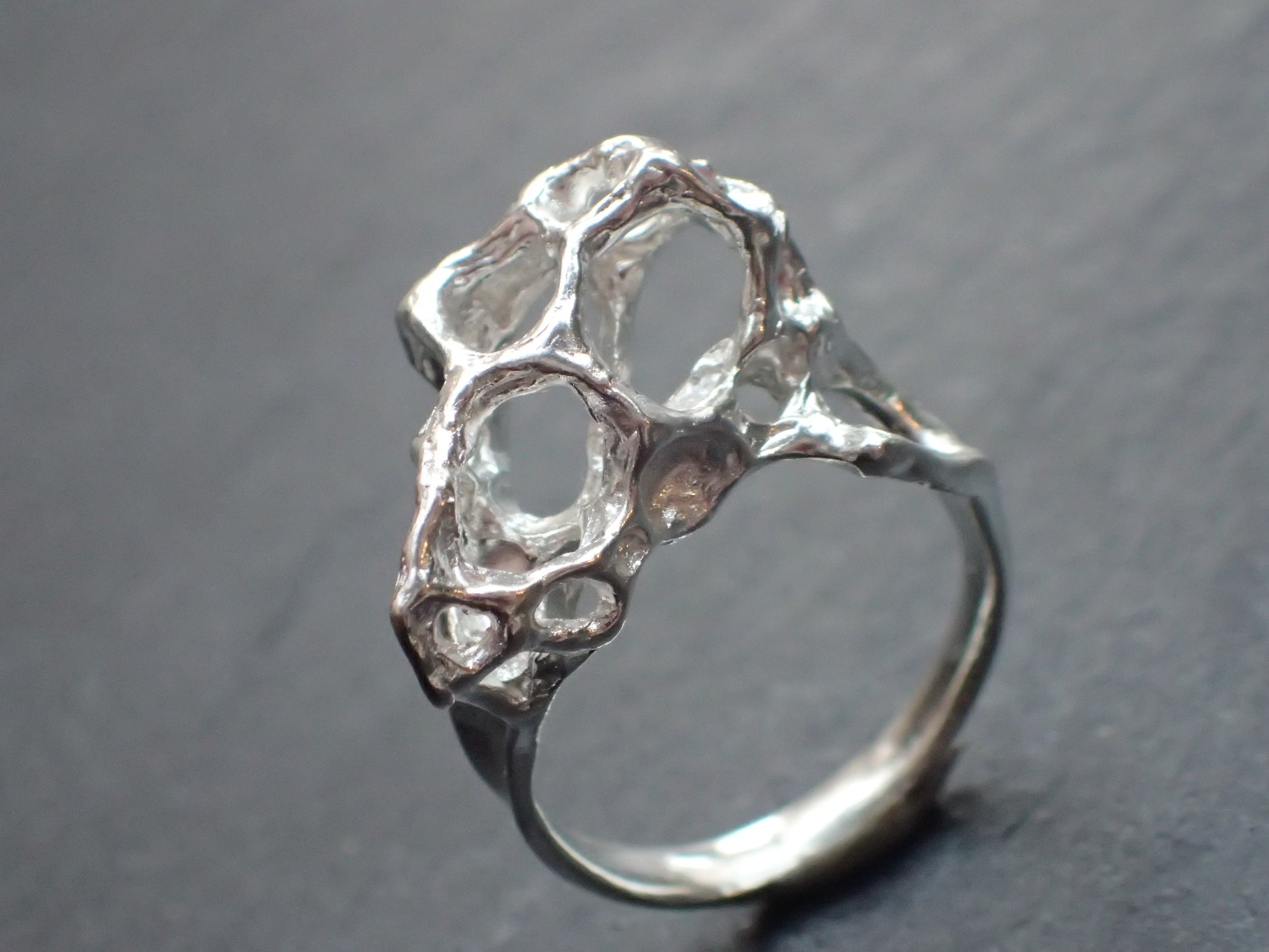 Wild honeycomb 'open' ring, carved and cast in Ecosilver.-Rings-Beca Beeby