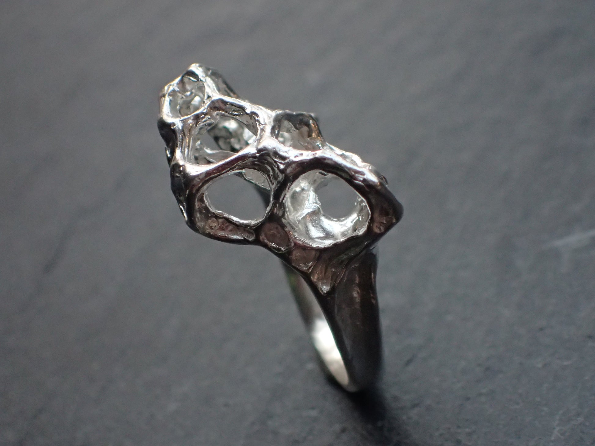 Wild honeycomb 'open' ring, carved and cast in Ecosilver.-Rings-Beca Beeby