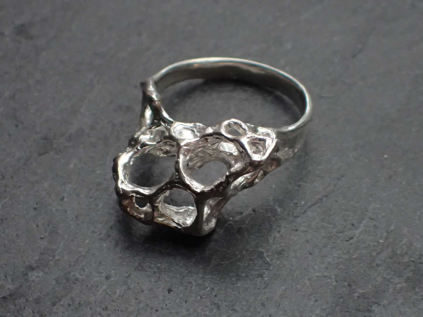 Wild honeycomb 'open' ring, carved and cast in Ecosilver.-Rings-Beca Beeby