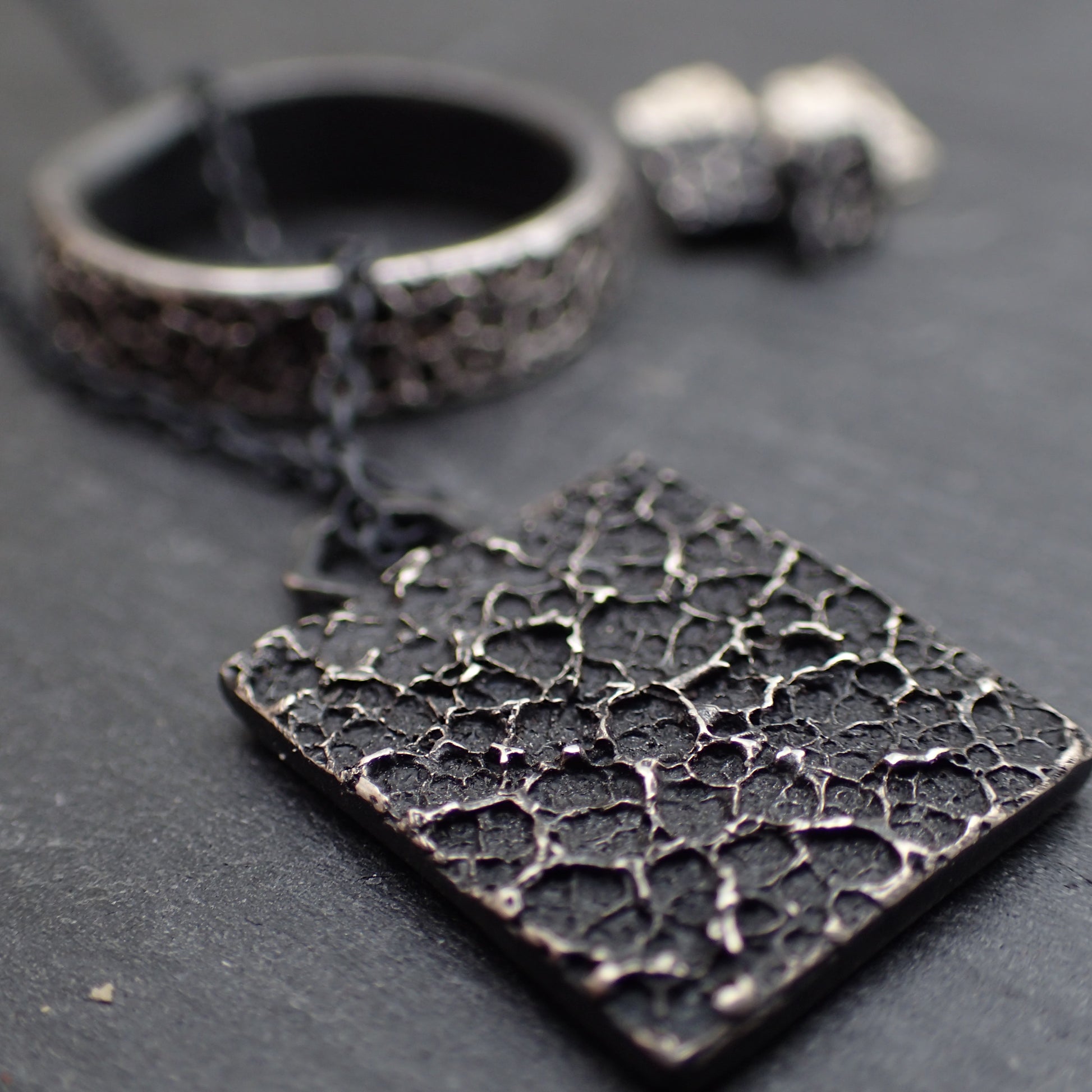 'Burnt Milk' pendant. Textured pendant on 45cm chain. Oxidised eco silver.-Jewellery-Beca Beeby