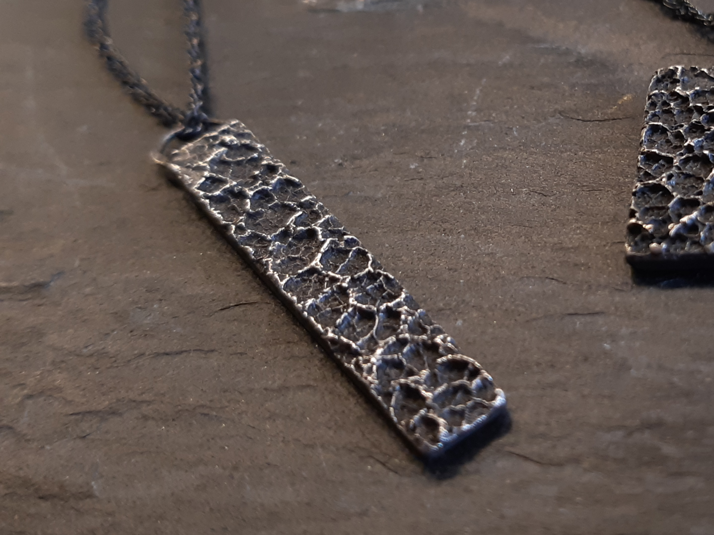 'Burnt Milk' pendant. Textured pendant on 45cm chain. Oxidised eco silver.-Jewellery-Beca Beeby