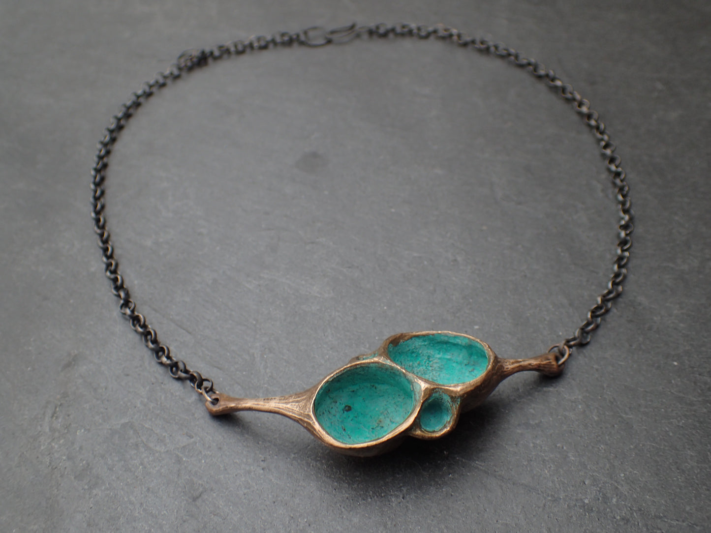 'Artefact' Necklace (single form), Bronze with Turquiose patina, on 4mm silver chain.-Beca Beeby