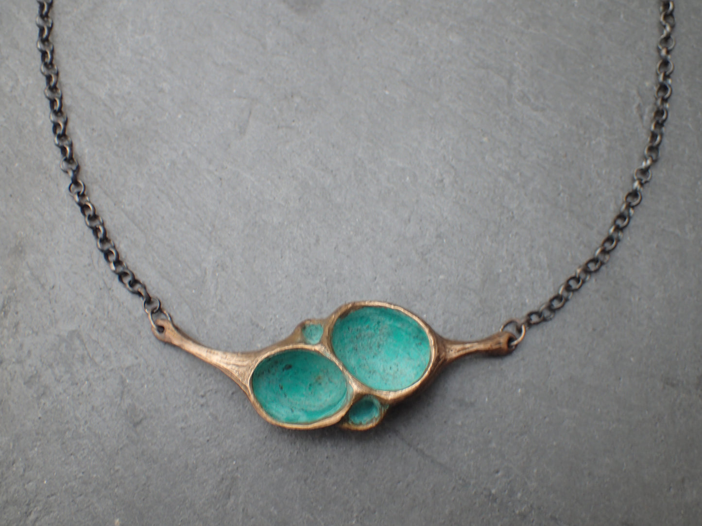 'Artefact' Necklace (single form), Bronze with Turquiose patina, on 4mm silver chain.-Beca Beeby
