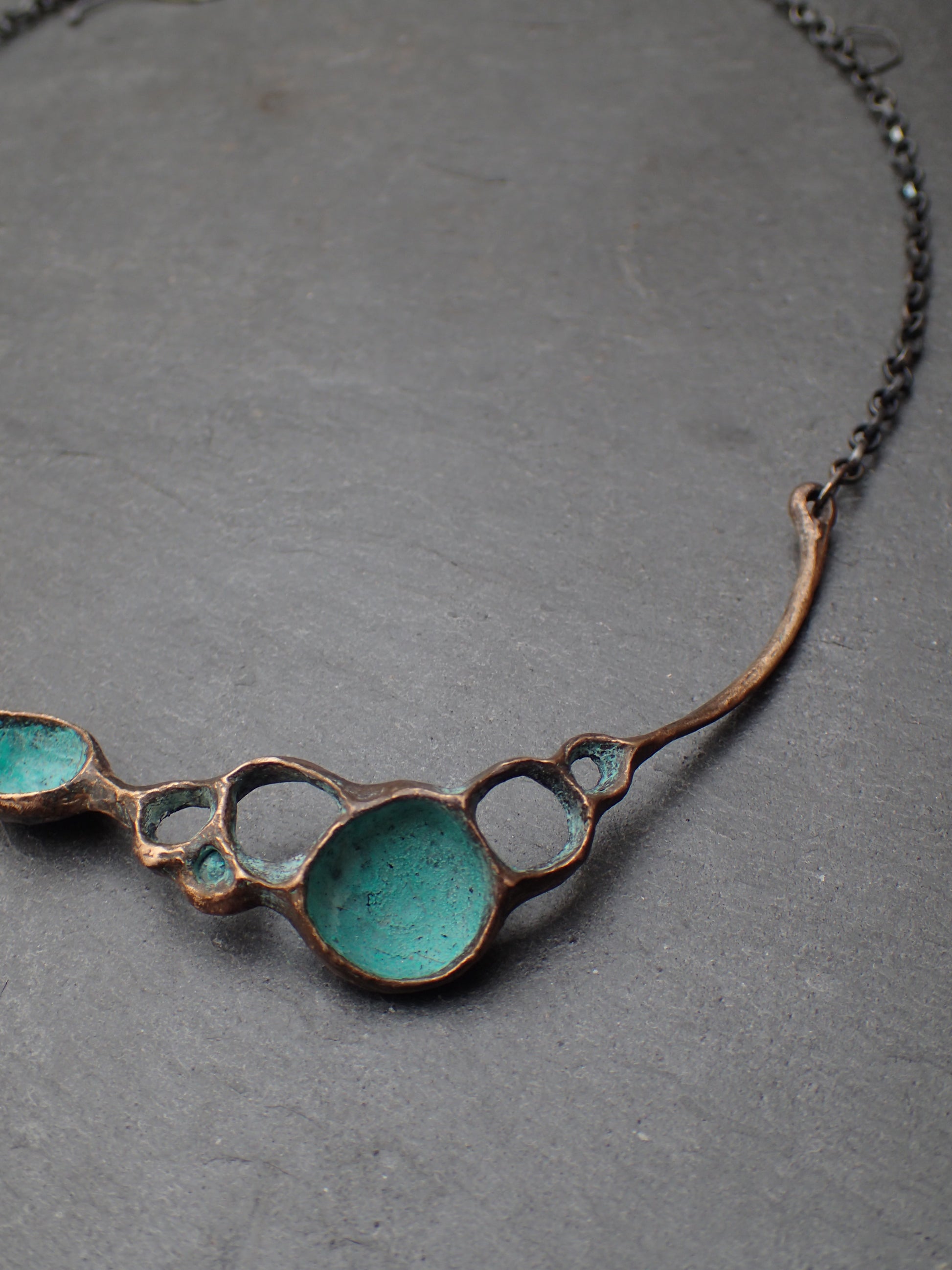 'Artefact' Necklace (delicate variation), Bronze with Turquiose patina, on 4mm silver chain.-Beca Beeby