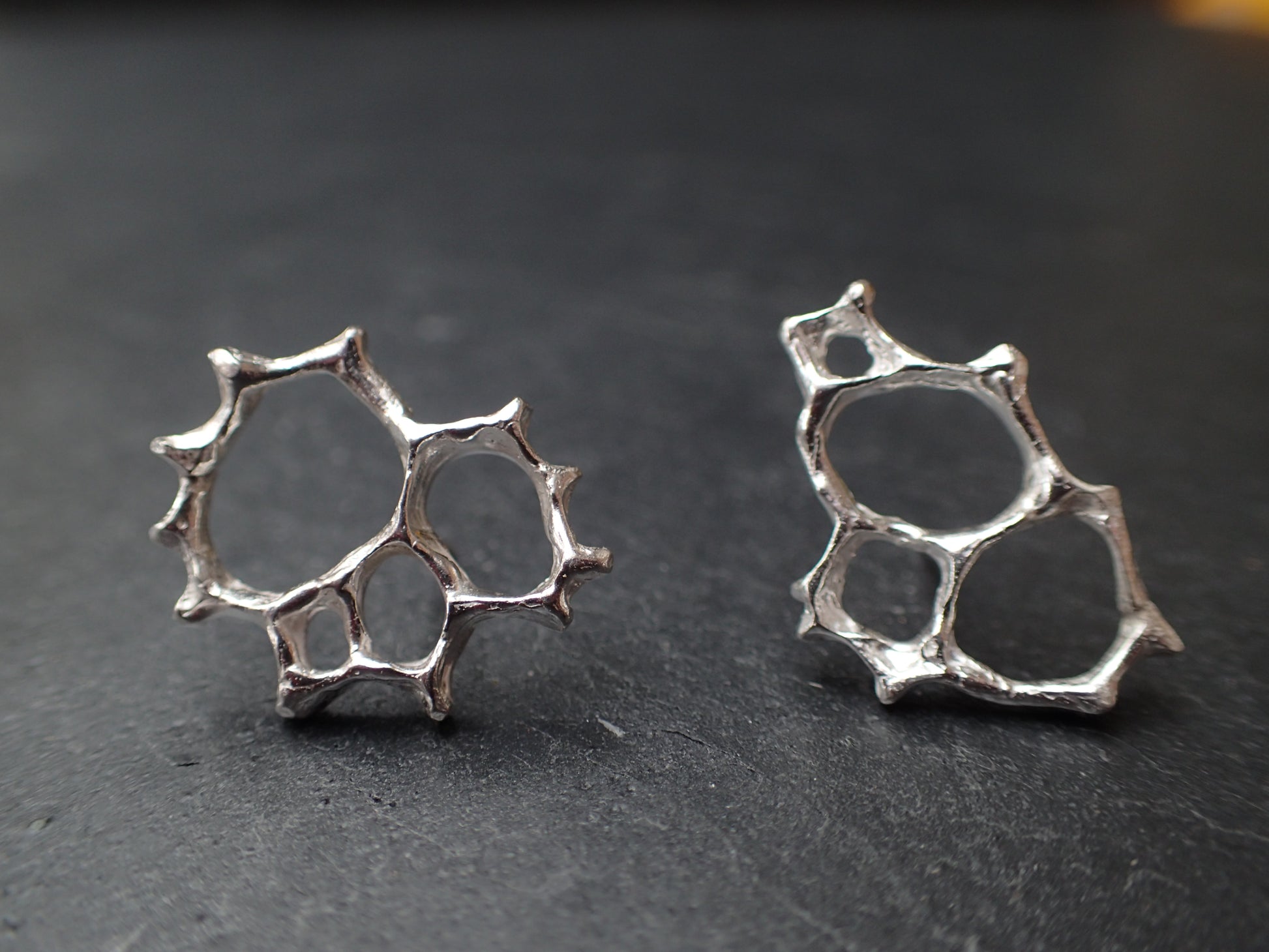 Honeycomb 'Cells' abstract stud earrings. Handmade in oxidised silver.-Jewellery-Beca Beeby