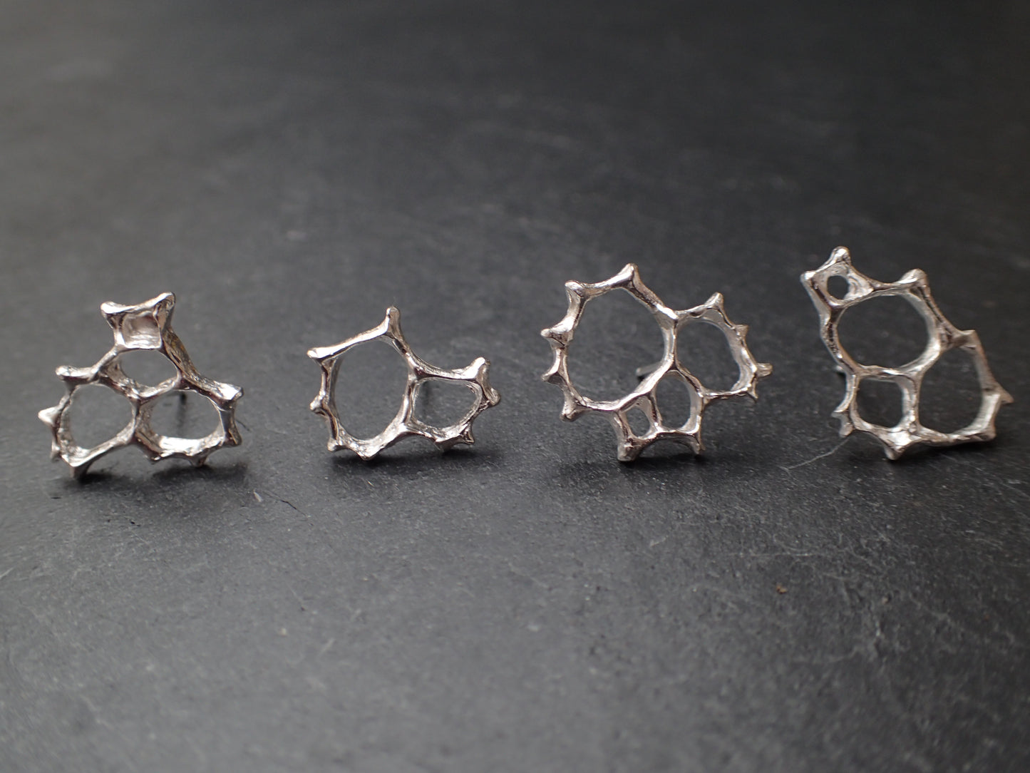 Honeycomb 'Cells' abstract stud earrings. Handmade in oxidised silver.-Jewellery-Beca Beeby