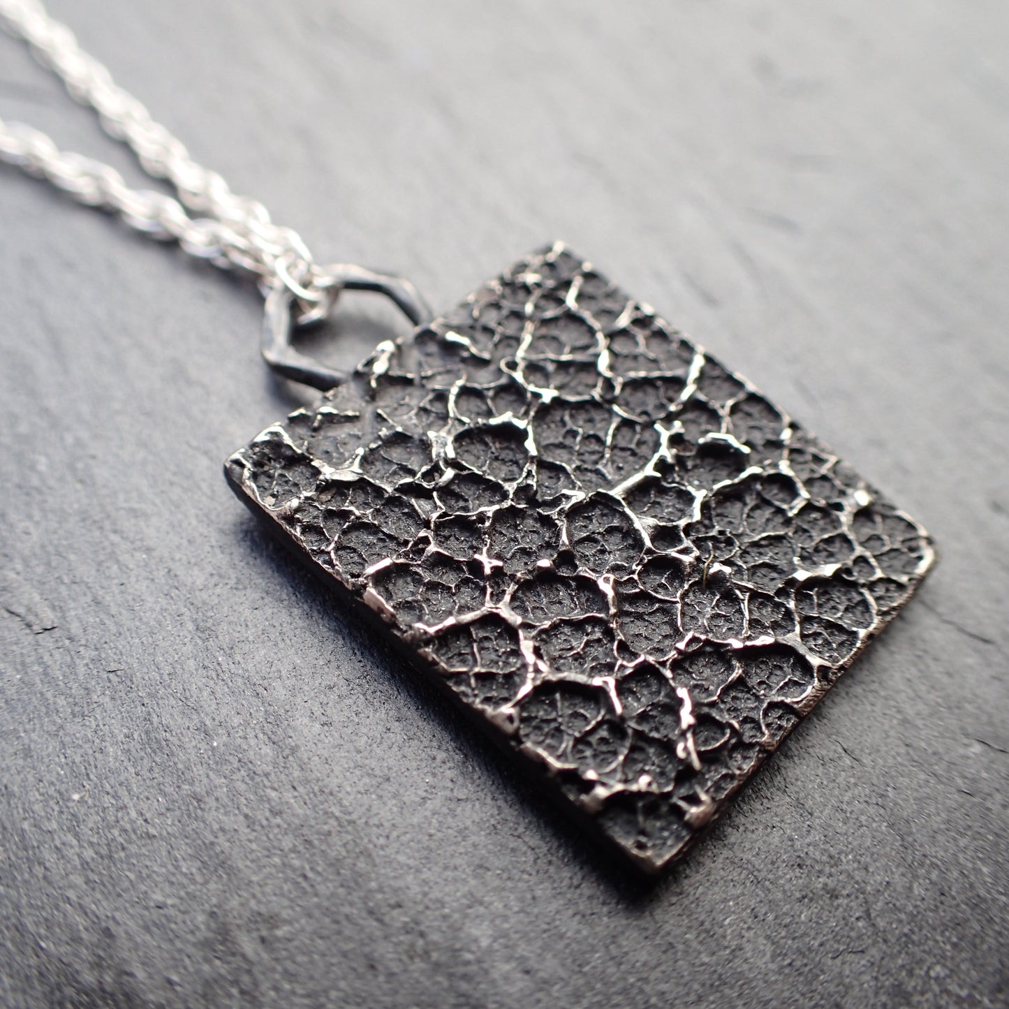 'Burnt Milk' pendant. Textured pendant on 45cm chain. Oxidised eco silver.-Jewellery-Beca Beeby