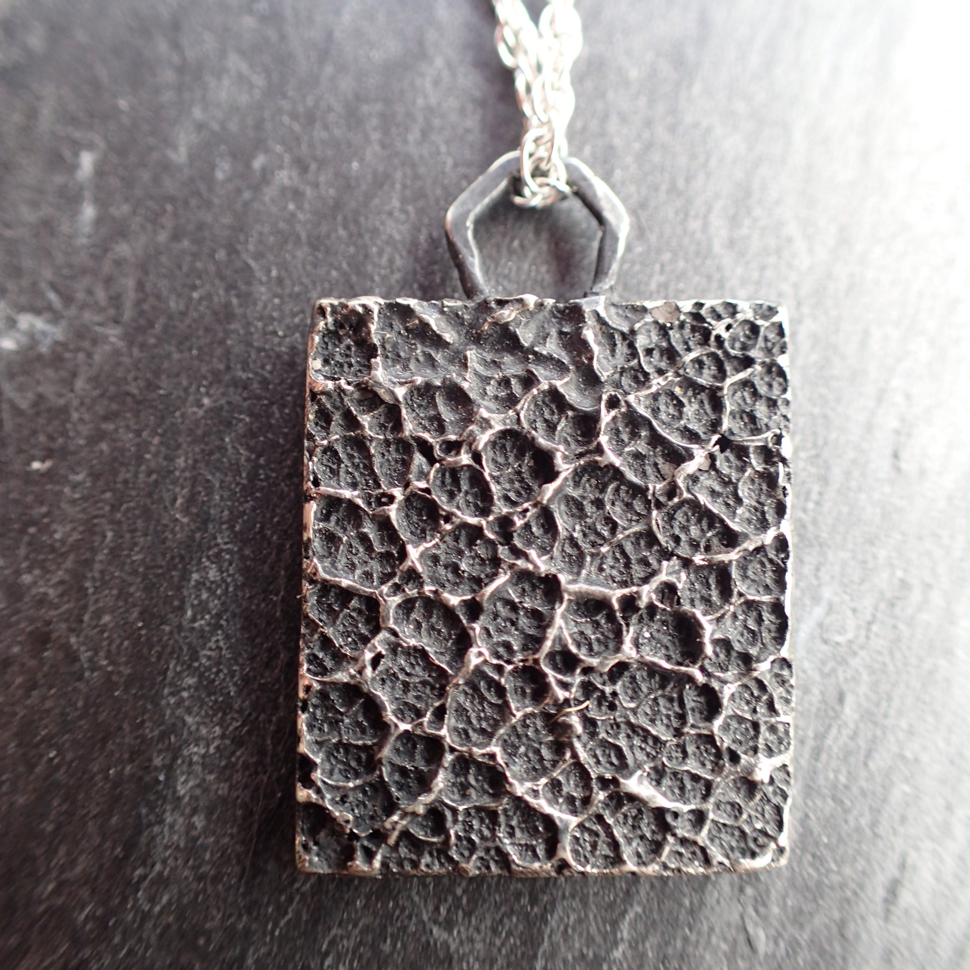 'Burnt Milk' pendant. Textured pendant on 45cm chain. Oxidised eco silver.-Jewellery-Beca Beeby